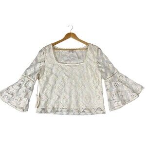 Shyanne Diamond Embroidered Mesh Top Ivory Bell Sleeve Lace Boho Western Sz L